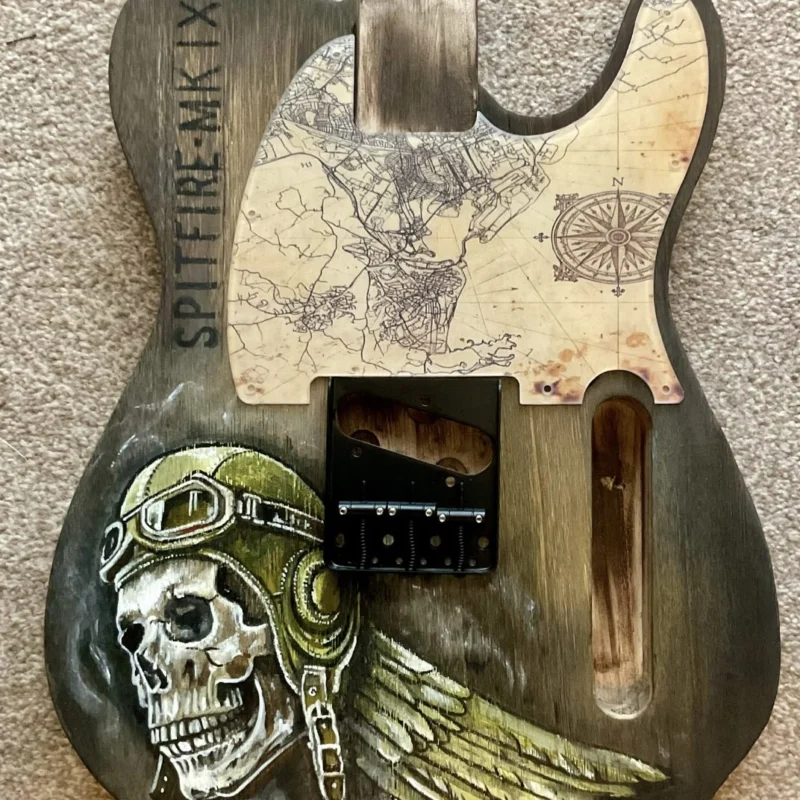 Spitfire Mk IX guitar body with map pickguard, bridge and aviator artwork