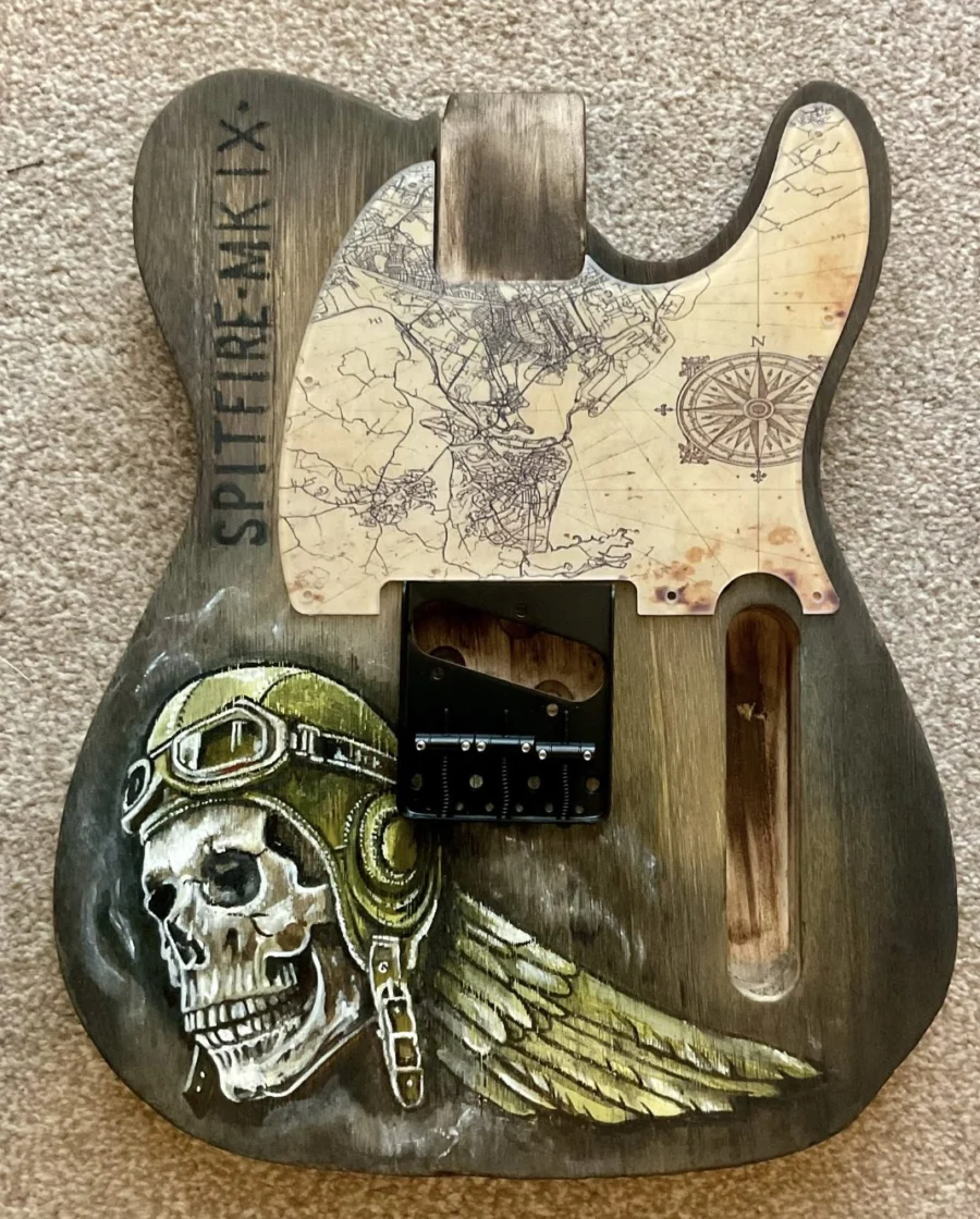 Spitfire Mk IX guitar body with map pickguard, bridge and aviator artwork
